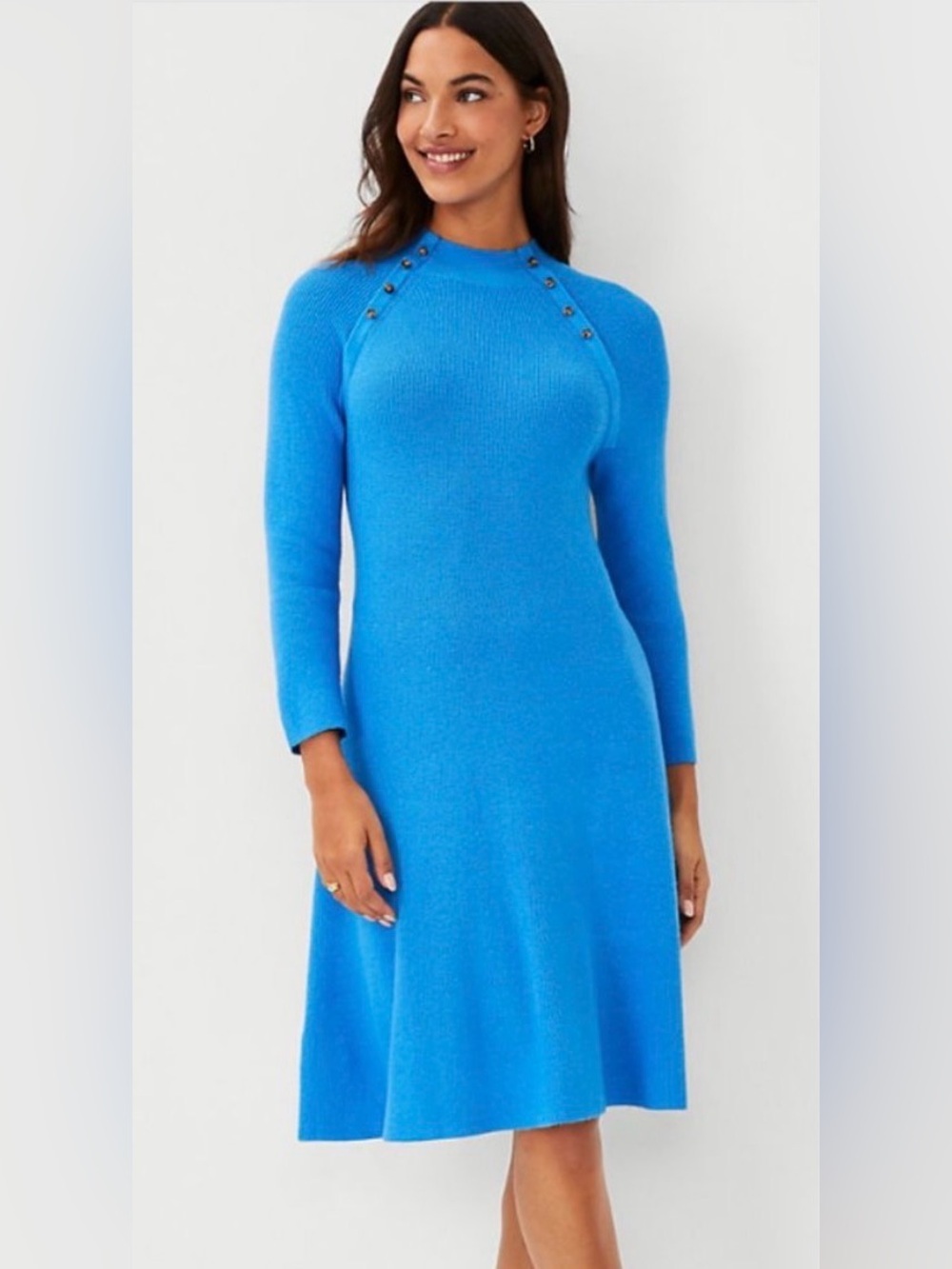 Ann Taylor NEW Button Trim Mock Neck Sweater Dress in Cerulean Blue, Size M